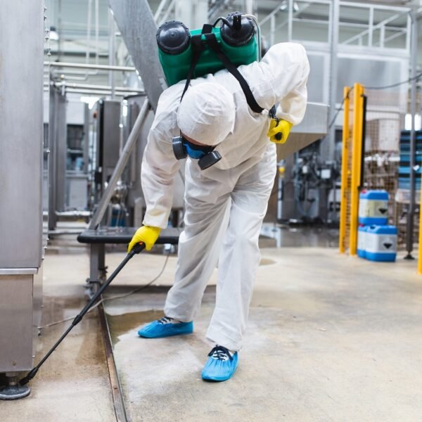 Technician in protective gear using a sprayer for pest control in a commercial facility in Florence, KY.