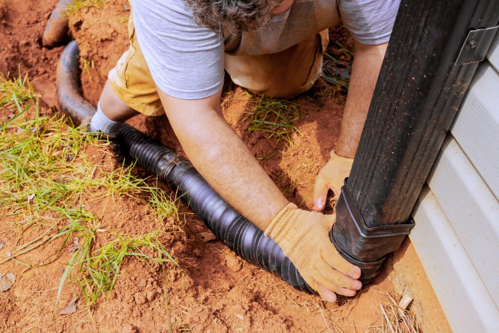 Installing an underground downspout drainage system at a residential property in Newport, KY.