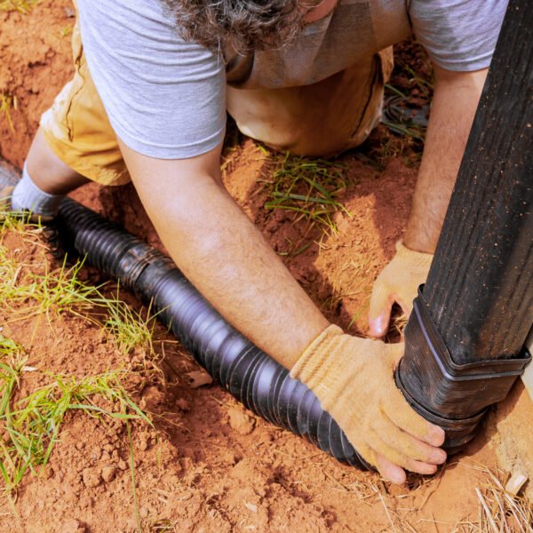 Installing an underground downspout drainage system at a residential property in Newport, KY.