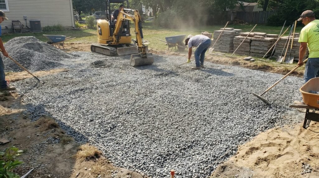 Workers leveling and spreading gravel with equipment and wheelbarrows during outdoor construction