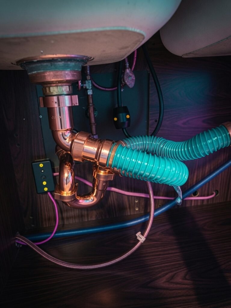 Under-sink plumbing with flexible drain hose and drain assembly inspected during a plumbing inspection in Northern Kentucky